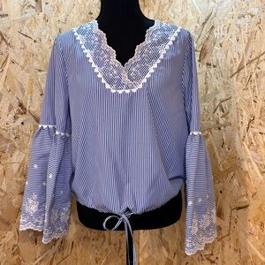 Laundry by Shelli Segal Striped Lace Blouse S | Coastal Cottagecore Romantic